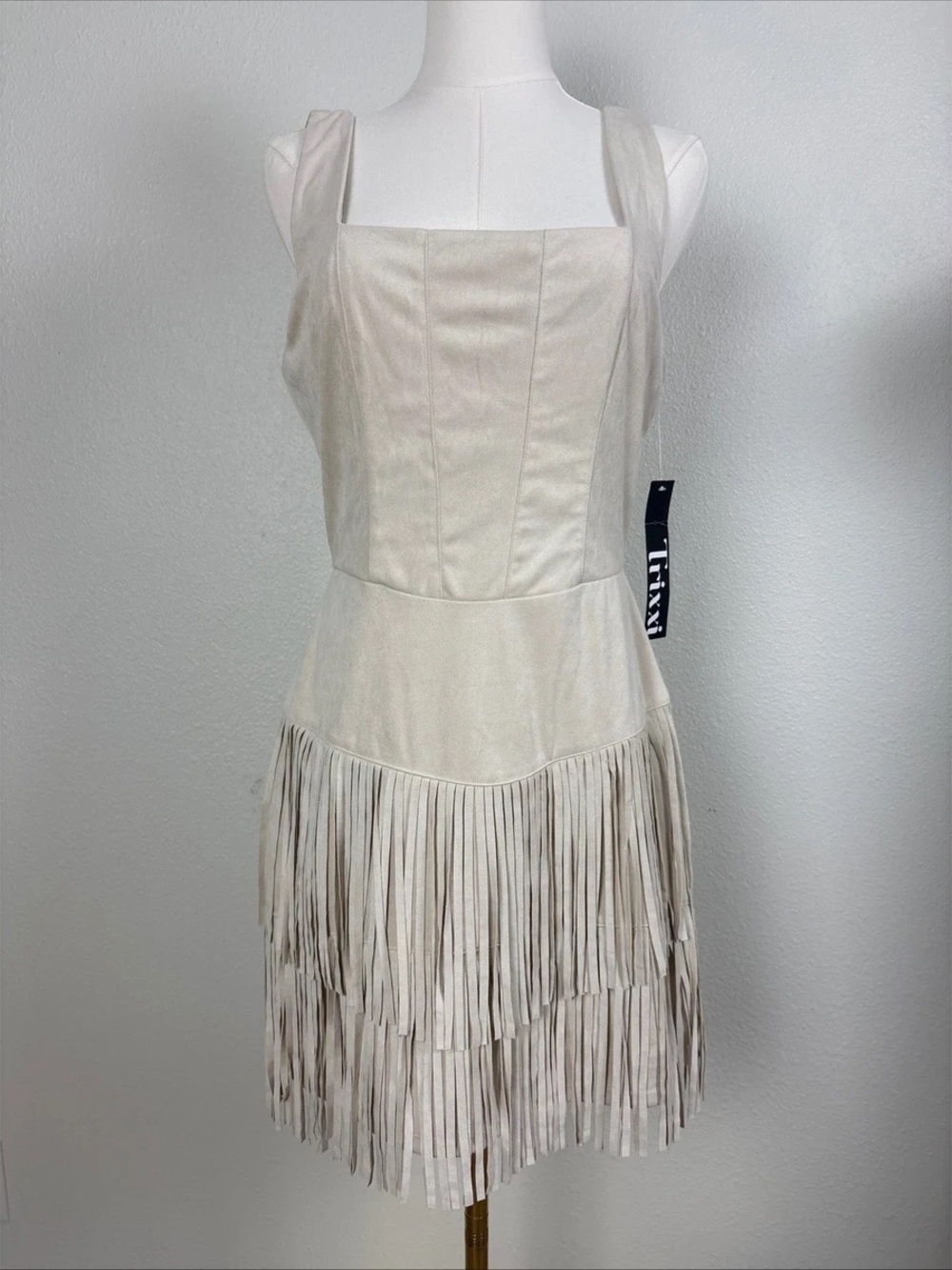 Trixxi Cream Suede Fringe Mini Dress